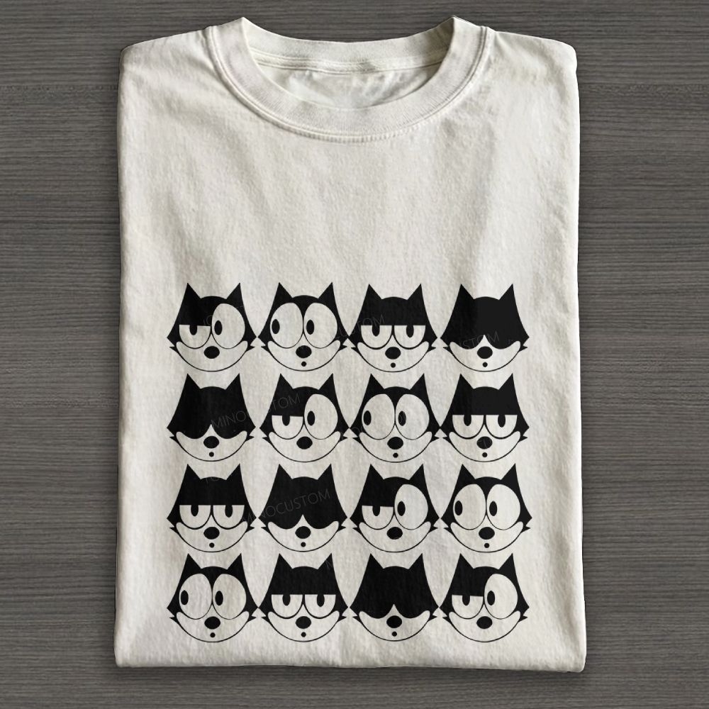 Vintage Cartoon Cat Faces Grid Retro Graphic Cotton T-shirt