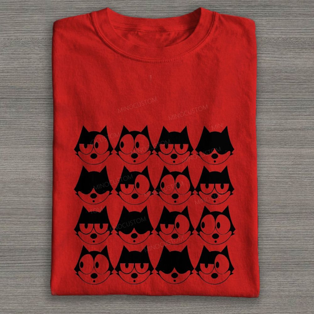 Vintage Cartoon Cat Faces Grid Retro Graphic Cotton T-shirt