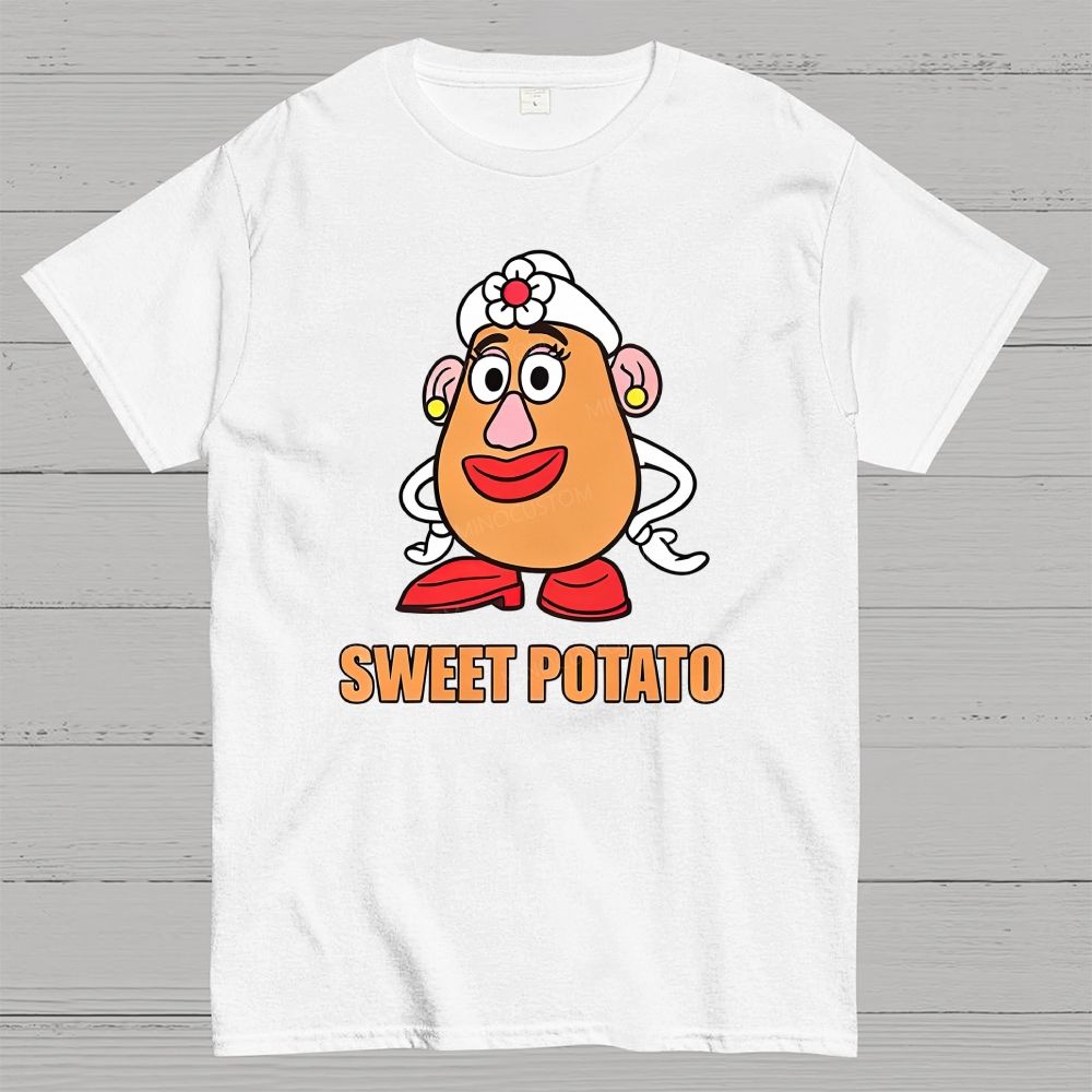 Cute Cartoon Sweet Potato Lady Character Graphic Cotton T-Shirt
