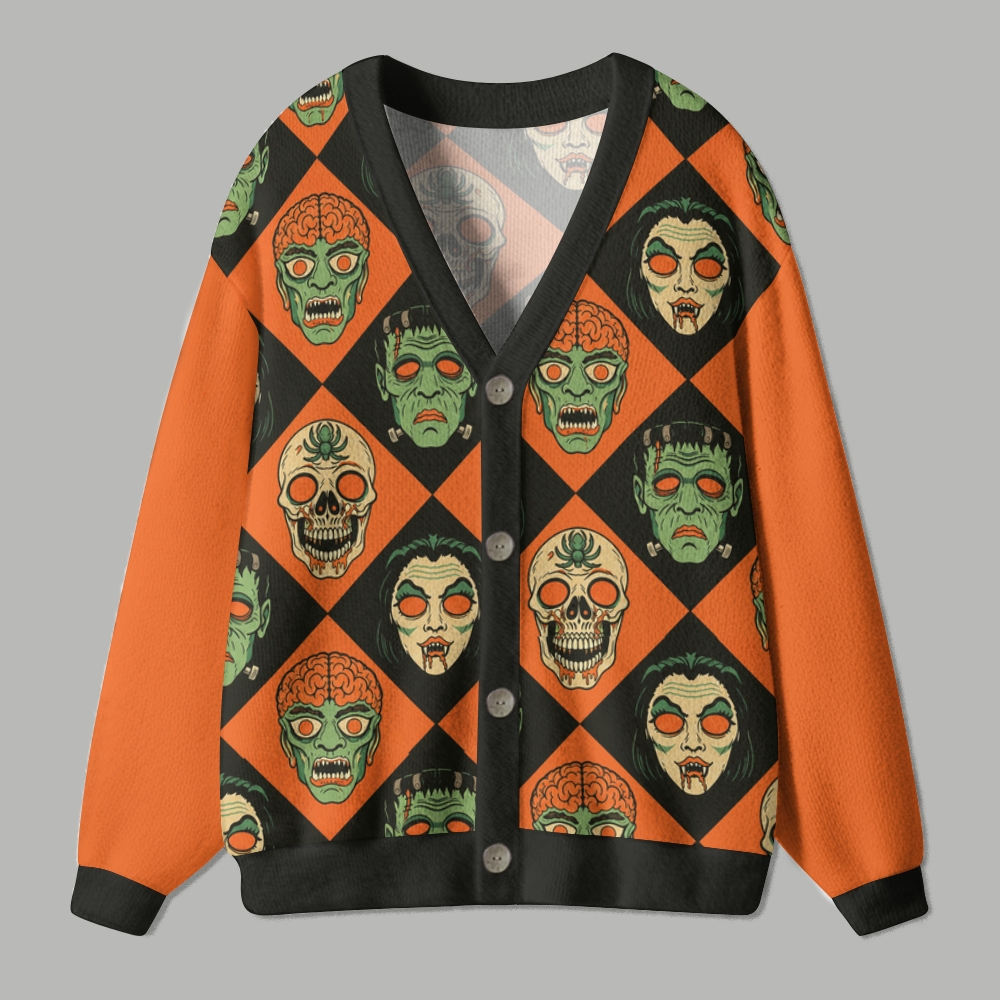 Retro Halloween Monster Skull Checkered Ugly Cardigan Sweater