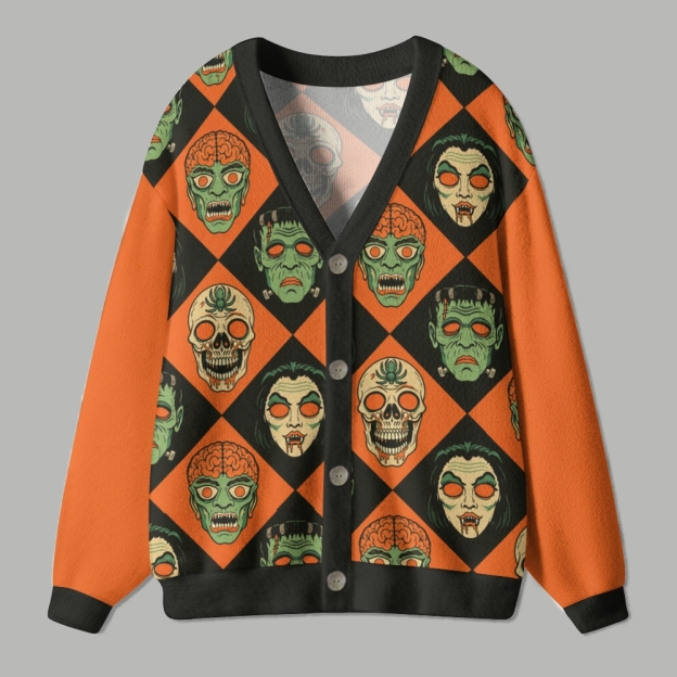 Retro Halloween Monster Skull Checkered Ugly Cardigan Sweater