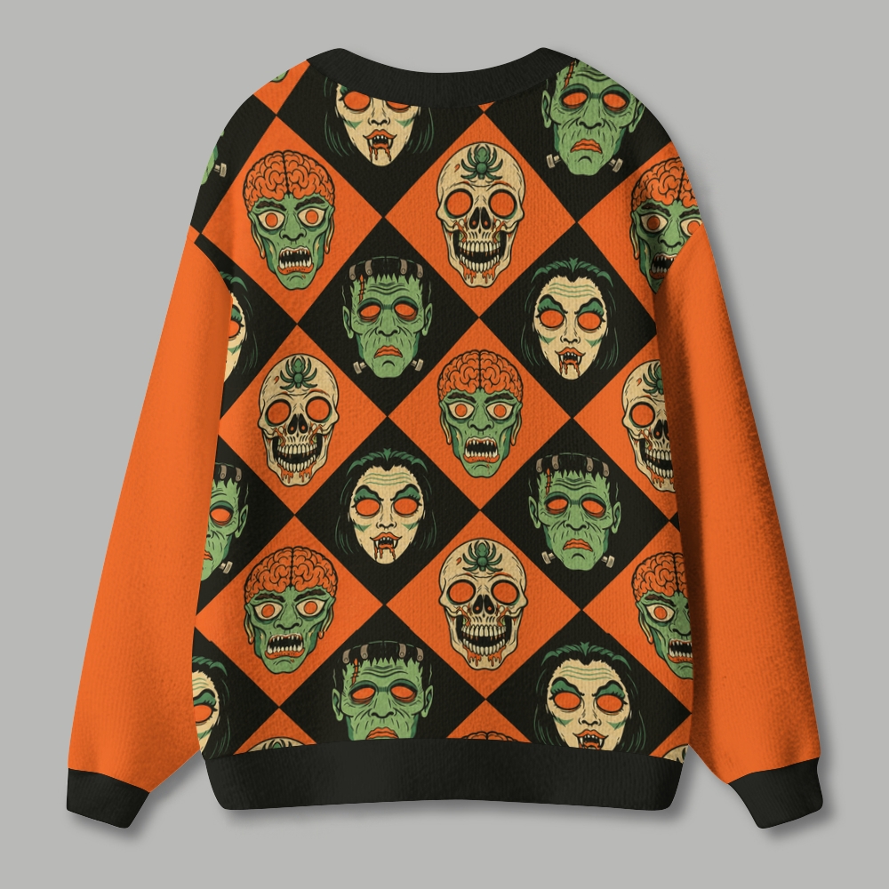 Retro Halloween Monster Skull Checkered Ugly Cardigan Sweater