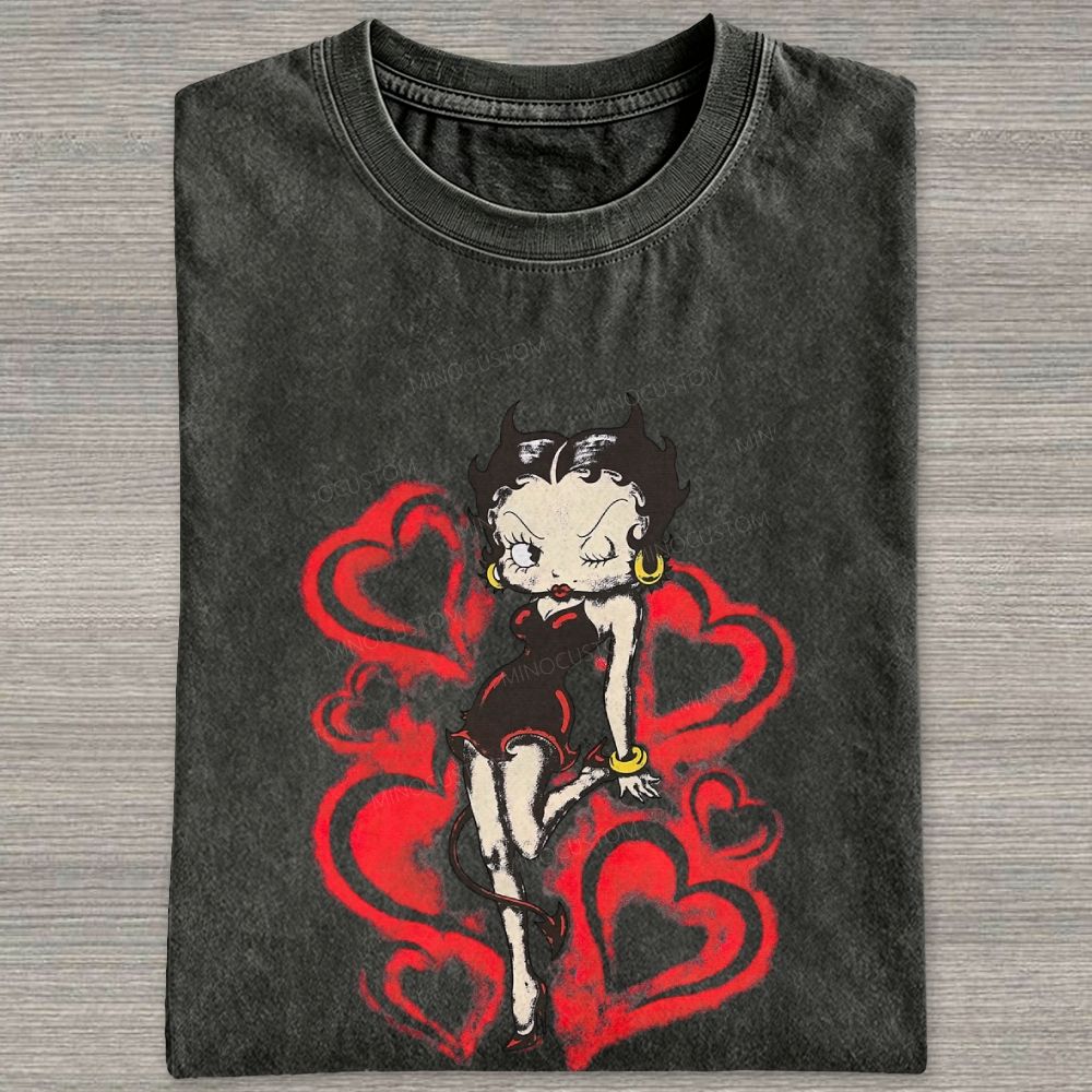 Vintage Retro Pin Up Devil Lady Red Hearts Washed T-shirt