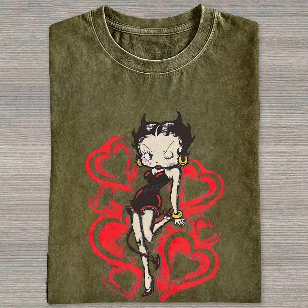 Vintage Retro Pin Up Devil Lady Red Hearts Washed T-shirt