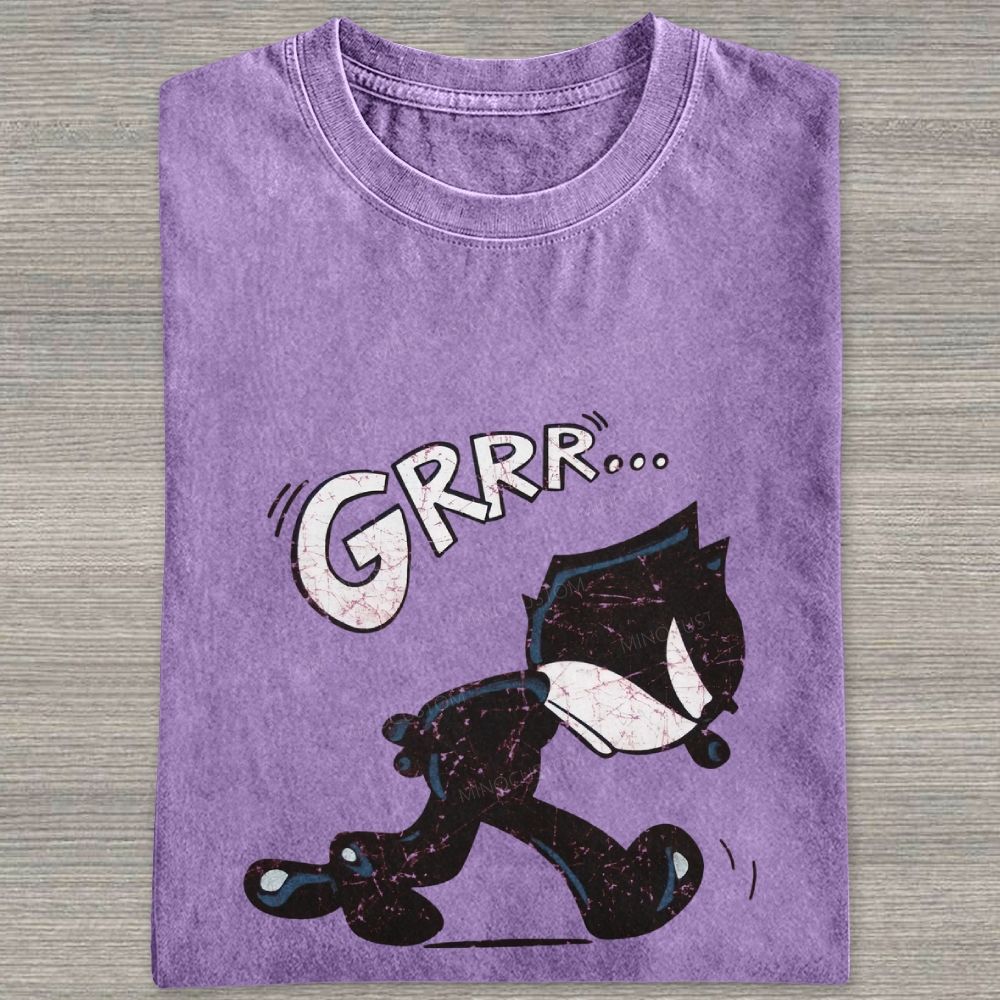 Vintage Grumpy Black Cat Retro Cartoon Washed T-shirt