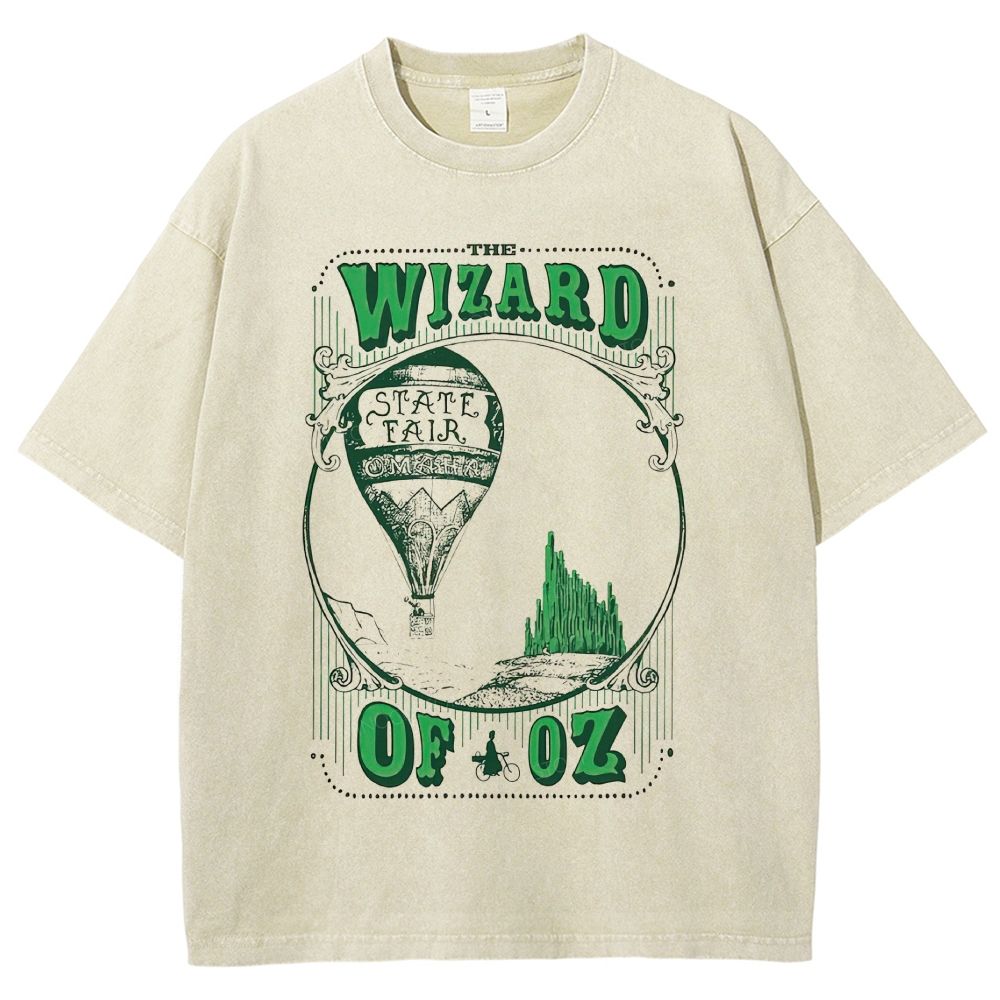 Vintage Fairy Tale Hot Air Balloon Emerald City Retro Poster Unisex Fit Washed T-Shirt
