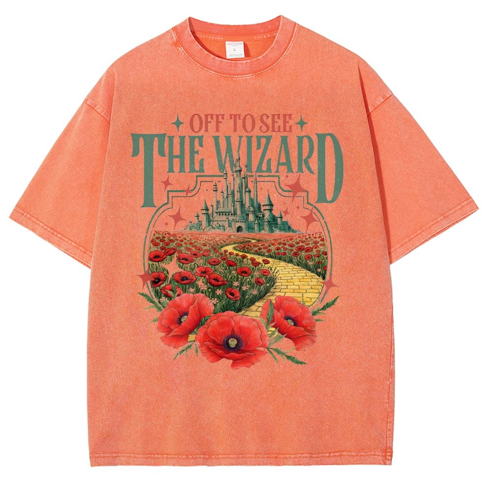 Vintage Fairy Tale Castle Poppy Flower Yellow Brick Path Graphic Unisex Fit Washed T-Shirt