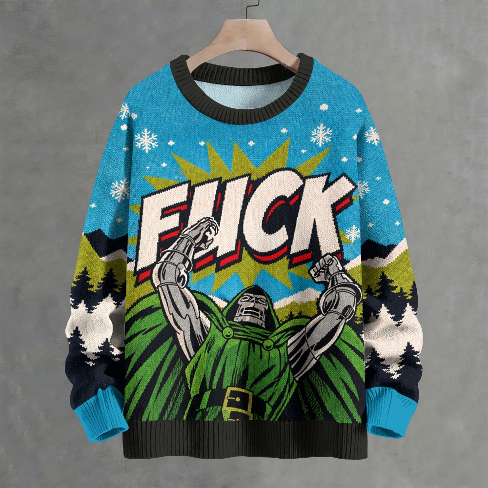 Retro Comic Villain Character Snowy Mountain Crew Neck Sweater