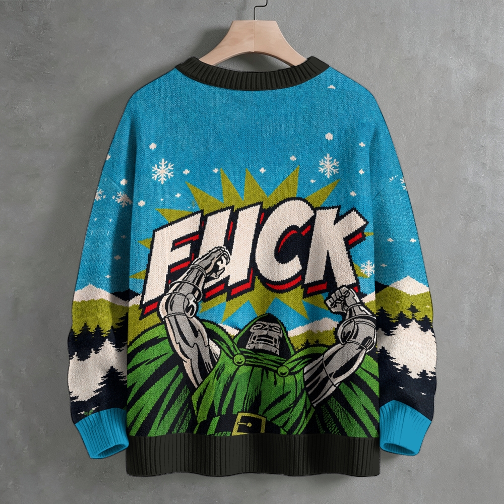 Retro Comic Villain Character Snowy Mountain Crew Neck Sweater