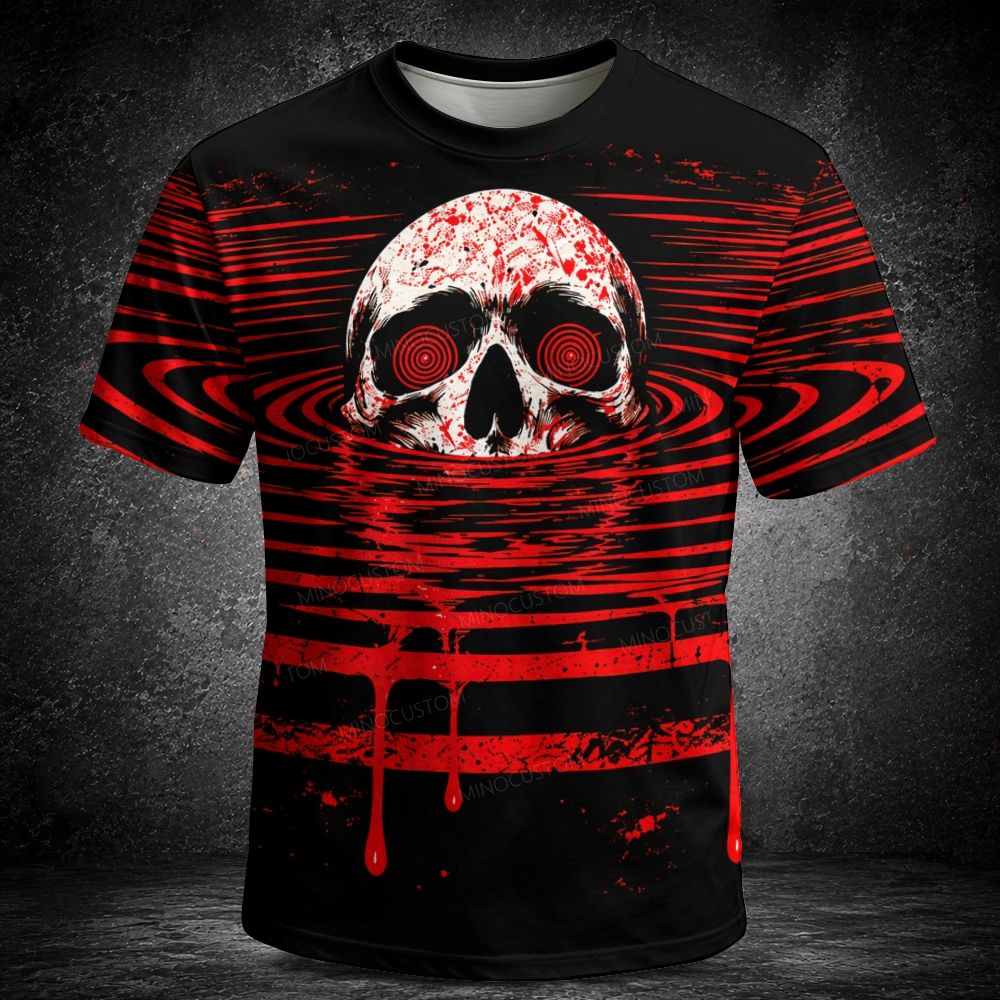 Men's  Vintage Psychedelic Red Ripple Skull Horror Graphic Short Sleeve T-shirt