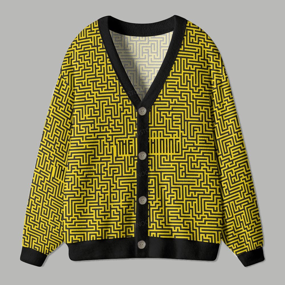 Yellow Black Geometric Maze Pattern Cardigan Sweater