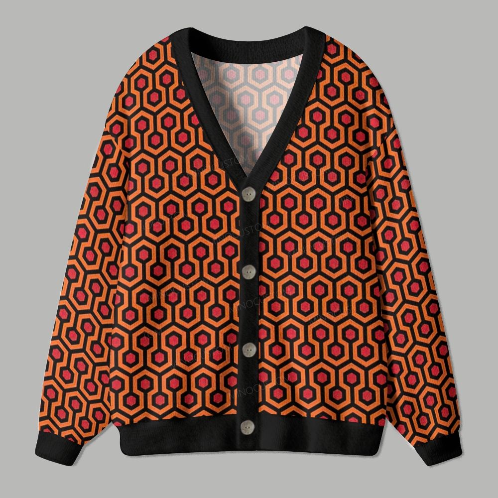 Orange Red Hexagon Honeycomb Geometric Pattern Cardigan Sweater