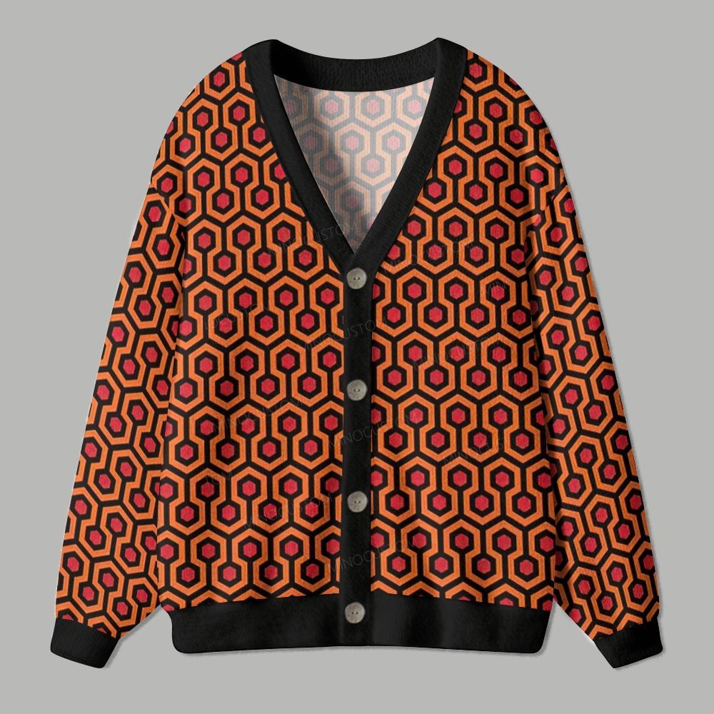 Orange Red Hexagon Honeycomb Geometric Pattern Cardigan Sweater