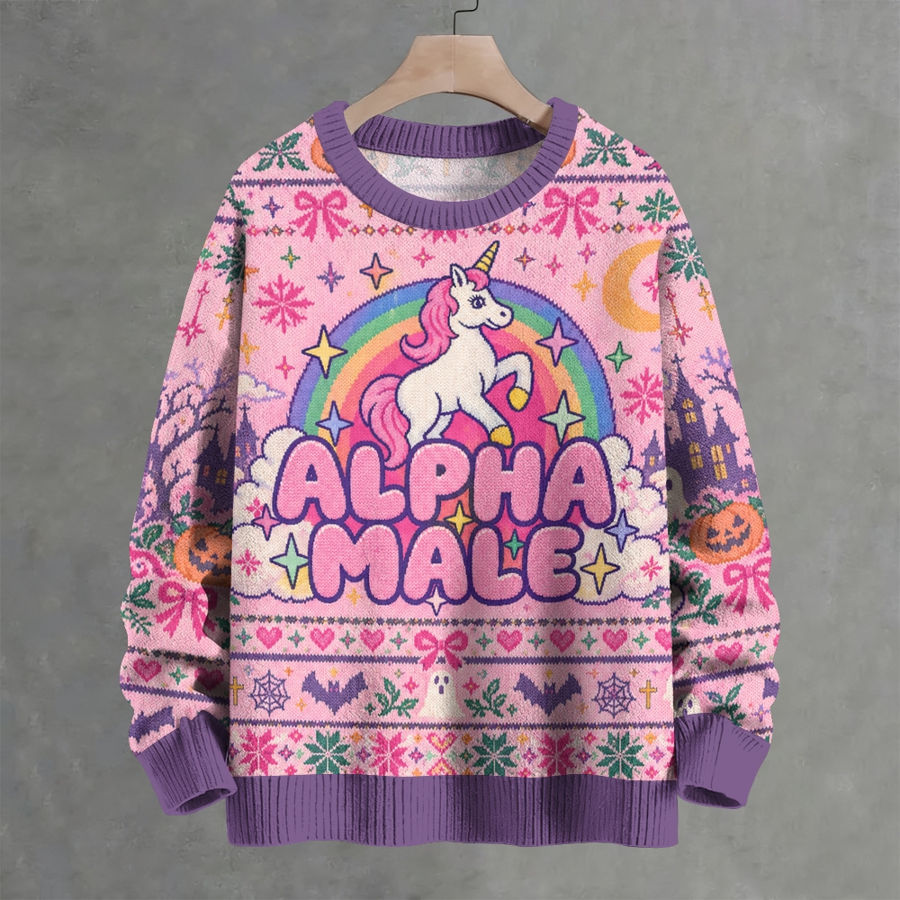 Funny Sarcastic Alpha‑Male Unicorn Rainbow Crew Neck Sweater ugly sweater