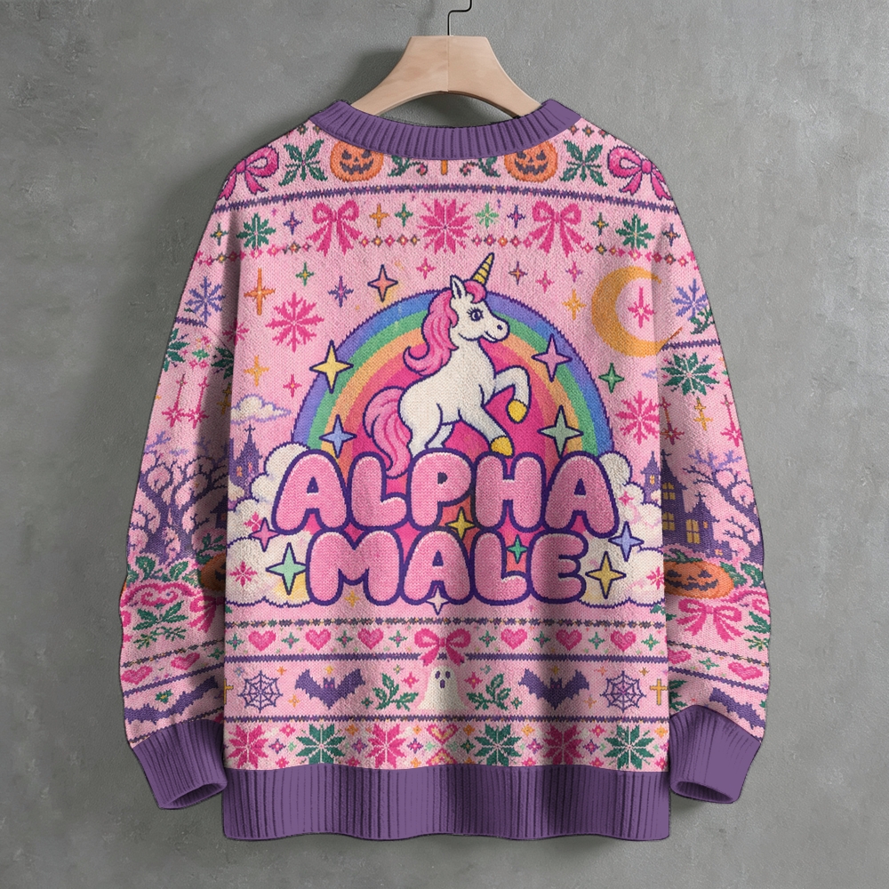Funny Sarcastic Alpha‑Male Unicorn Rainbow Crew Neck Sweater ugly sweater
