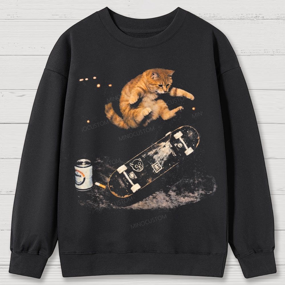 Vintage Skateboarding Cat Cotton Sweatshirts 
