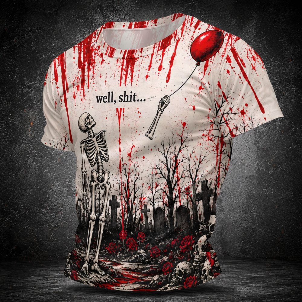 Men's  Vintage Gothic Skeleton Graveyard Red Balloon Blood Splash Short Sleeve T-shirt