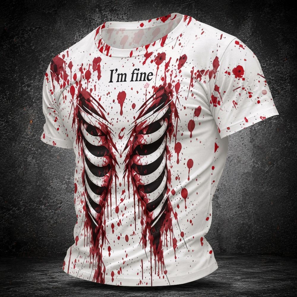 Men's  Vintage I'm Fine Skeleton Ribcage Blood Splatter Halloween Graphic Short Sleeve T-shirt