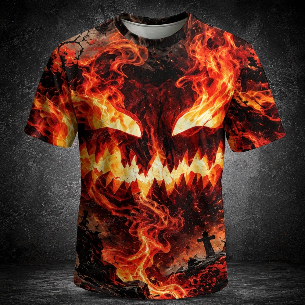 Men's  Vintage Fiery Demon Face Lava Graveyard Horror Graphic Short Sleeve T-shirt