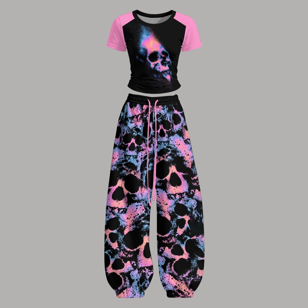 Pastel Gradient Skull Gothic Short-sleeved jogger pants set
