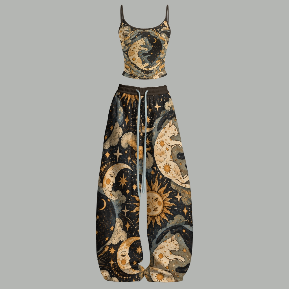 Vintage Tarot Style Sun Moon Cat Top & Elasticated Trousers Two-Piece Set