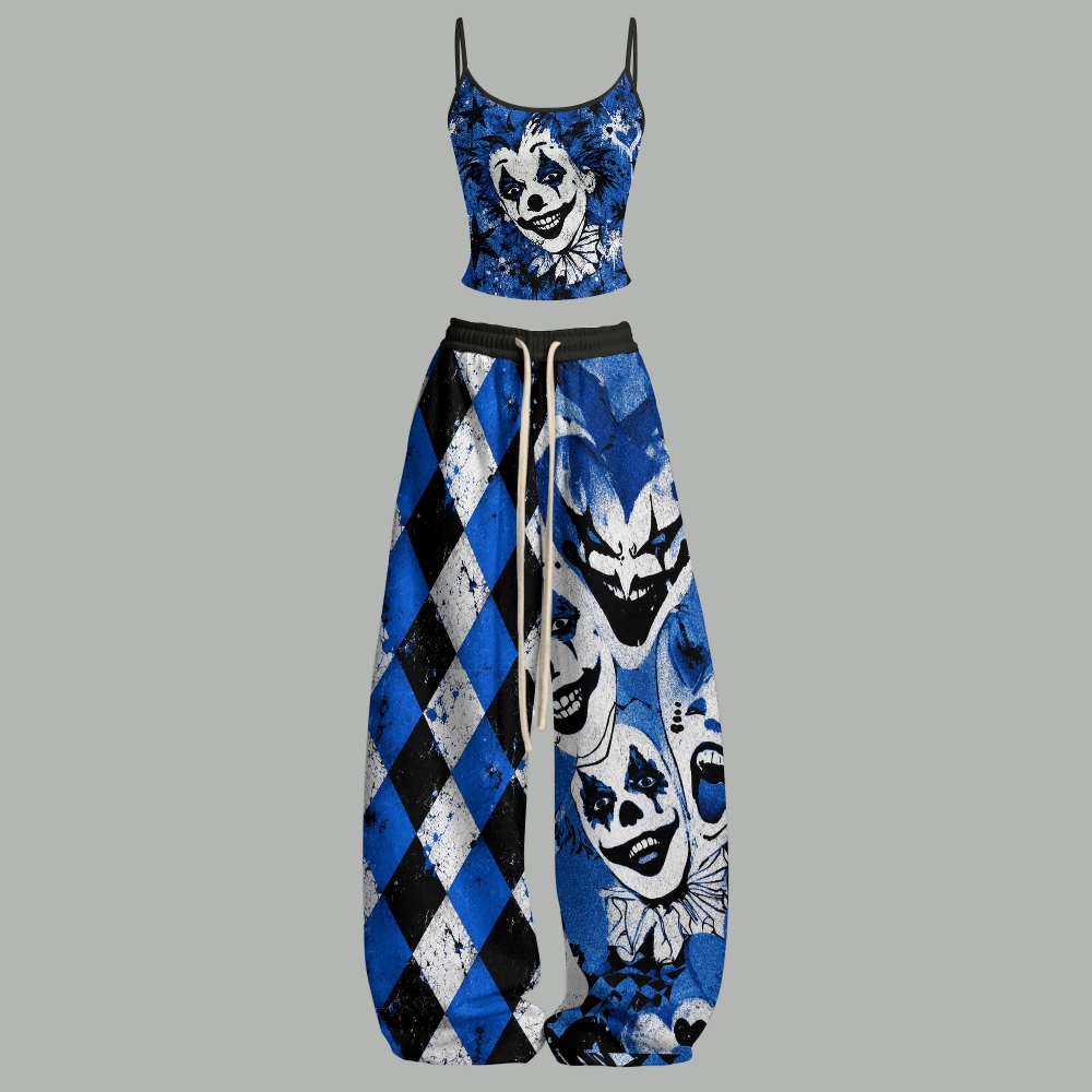 Spooky Distressed Horror Clown Top & Elasticated Trousers Two-Piece Set