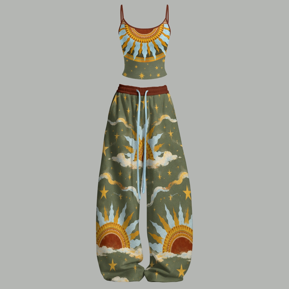 Boho Retro Sun Star Cloud Top & Elasticated Trousers Two-Piece Set