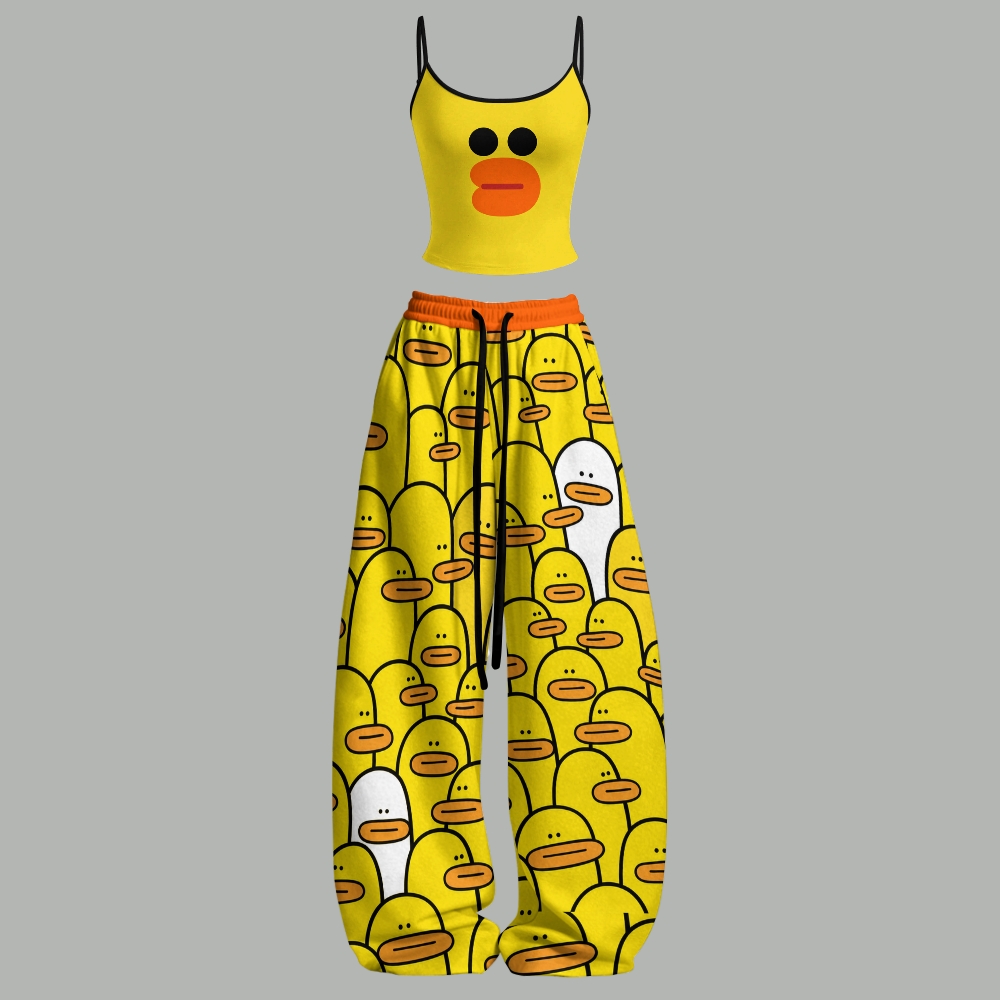 Cute Yellow Cartoon Duck Top & Elasticated Trousers Two-Piece Set 