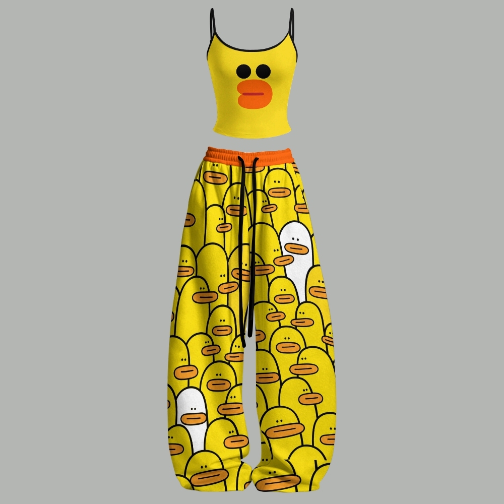 Cute Yellow Cartoon Duck Top & Elasticated Trousers Two-Piece Set 