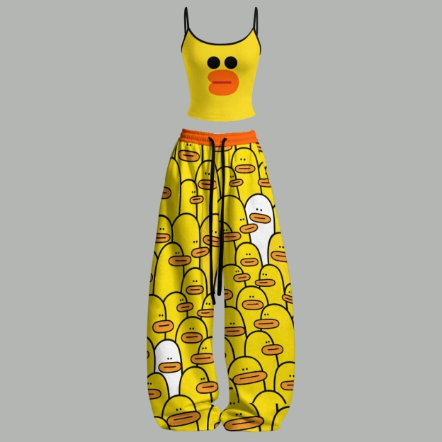 Cute Yellow Cartoon Duck Top & Elasticated Trousers Two-Piece Set 