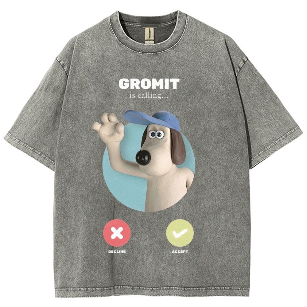 Cute Cartoon Dog Incoming Call Graphic Unisex Fit Washed T-Shirt