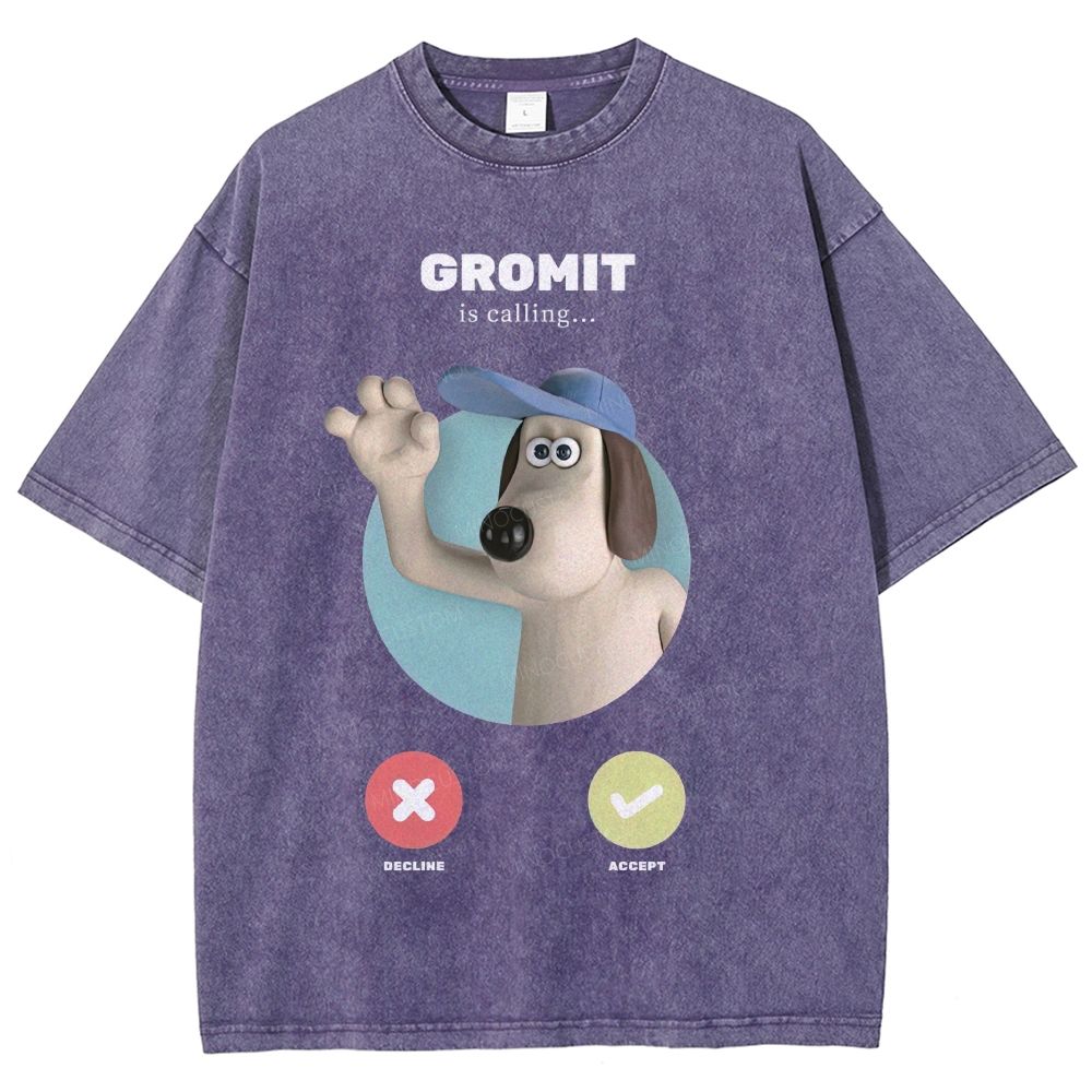 Cute Cartoon Dog Incoming Call Graphic Unisex Fit Washed T-Shirt