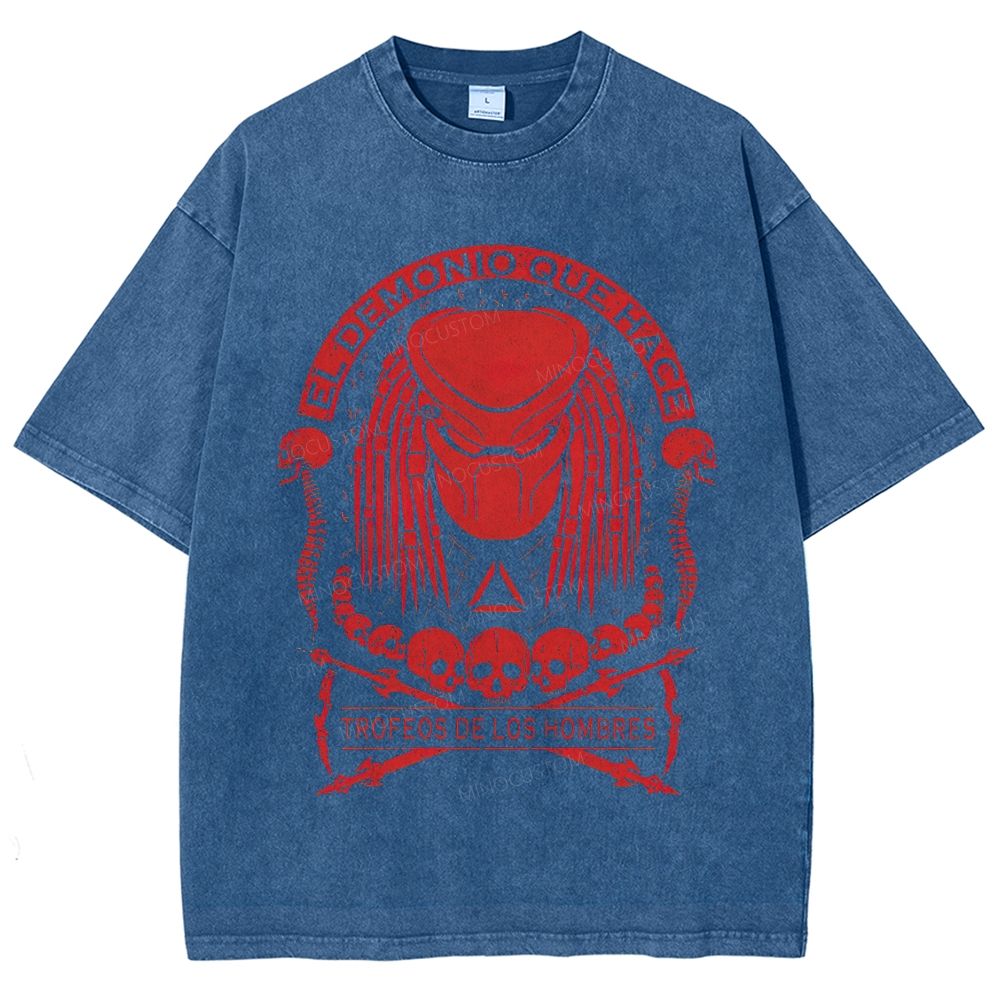 Vintage Red Sci-Fi Monster Skull Badge Graphic Unisex Fit Washed T-Shirt