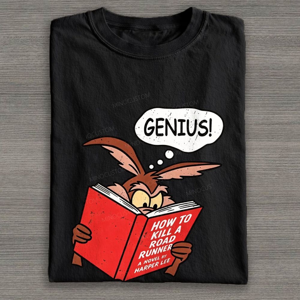 Cartoon Wild Coyote Reading Book Funny Cotton T-shirt