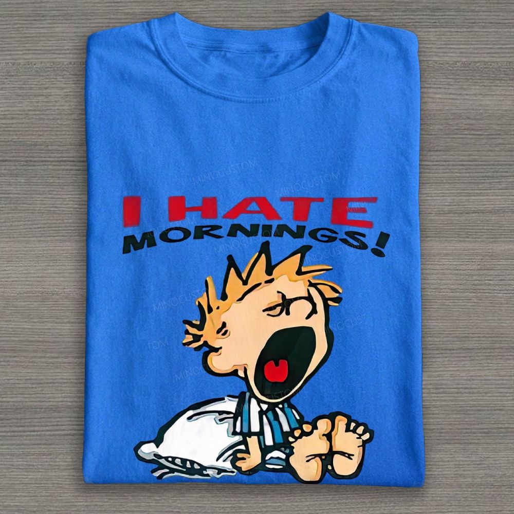 Cartoon Sleepy Kid I Hate Mornings Quote Cotton T-shirt