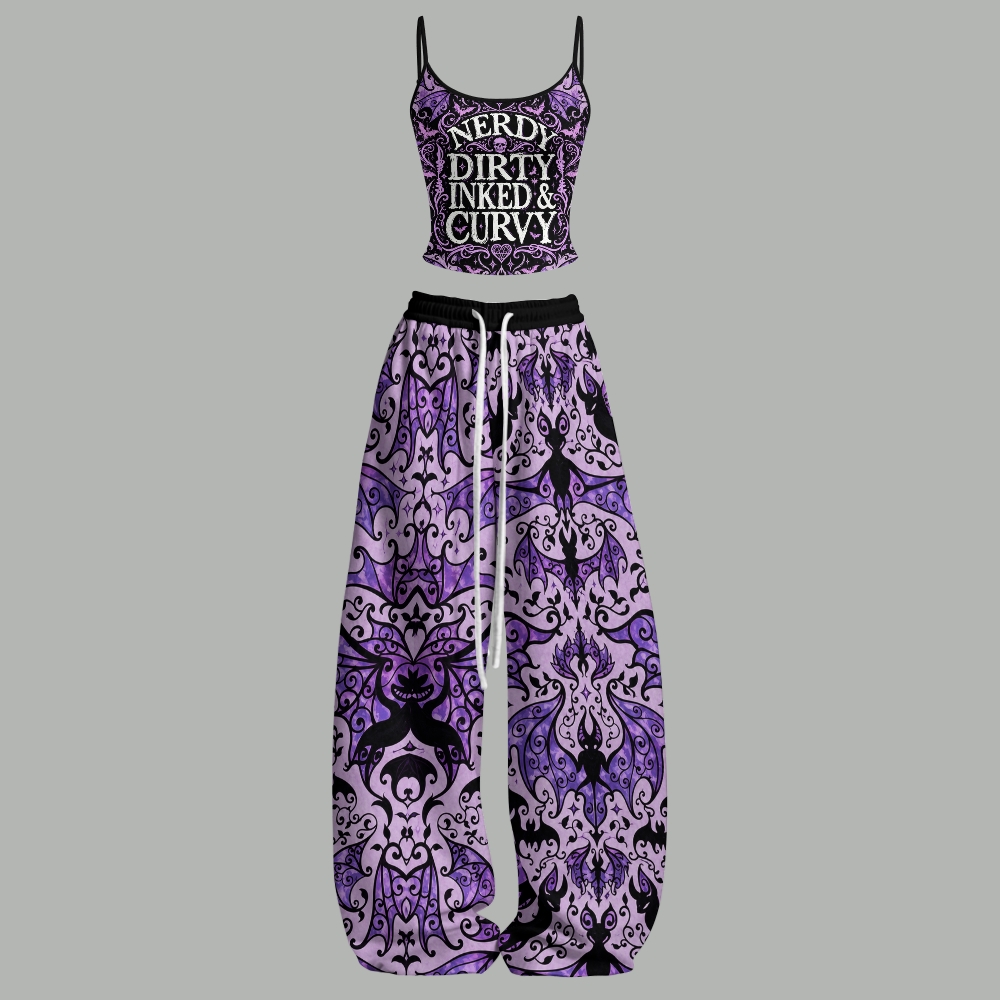 Dark Ornate Bat Pattern Slogan Graphic Top & Elasticated Trousers Two-Piece Set