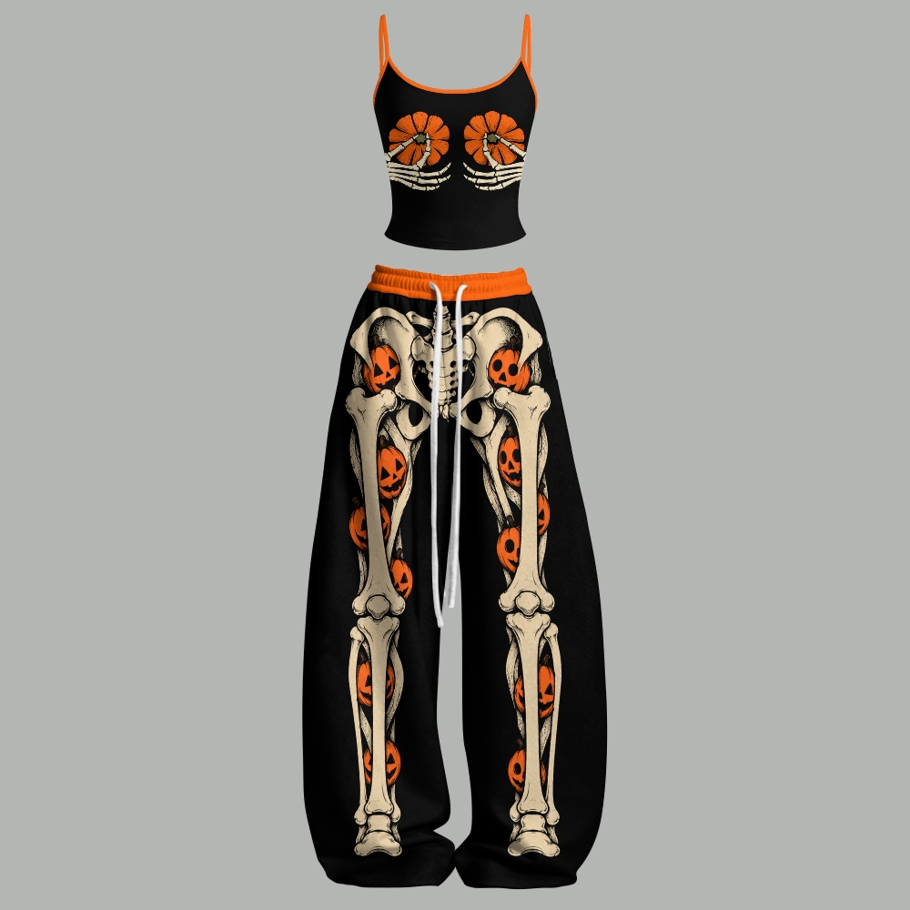 Halloween Skeleton Pumpkin Spooky Top & Elasticated Trousers Two-Piece Set