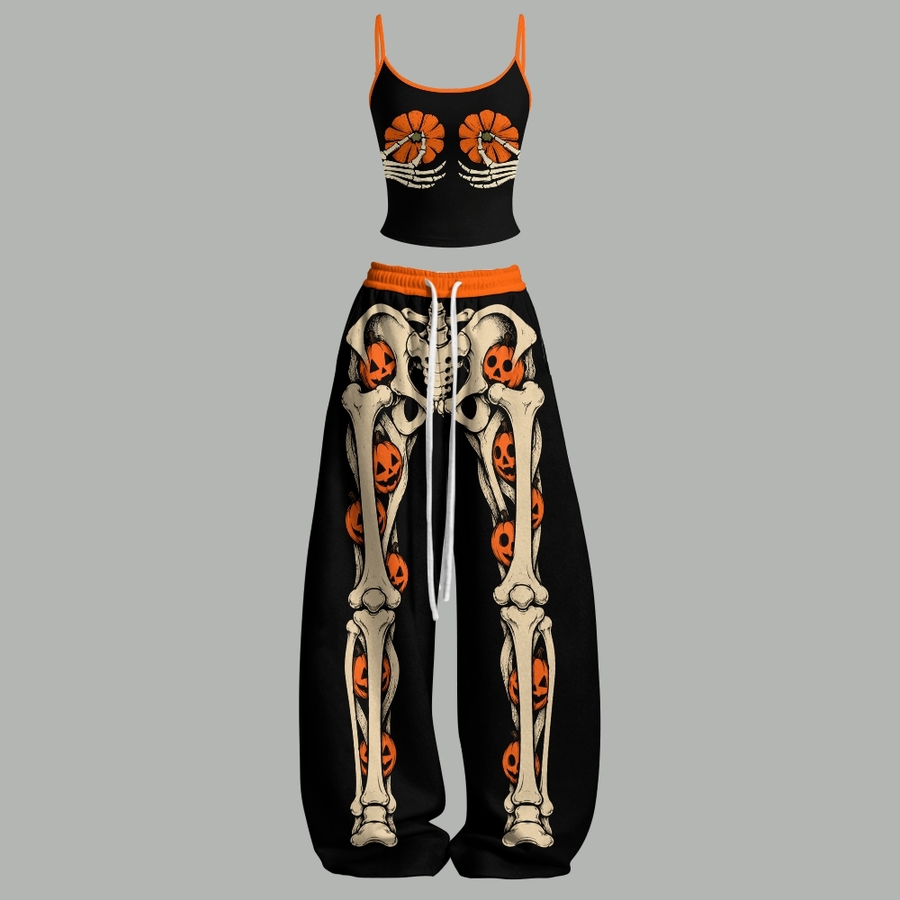 Halloween Skeleton Pumpkin Spooky Top & Elasticated Trousers Two-Piece Set