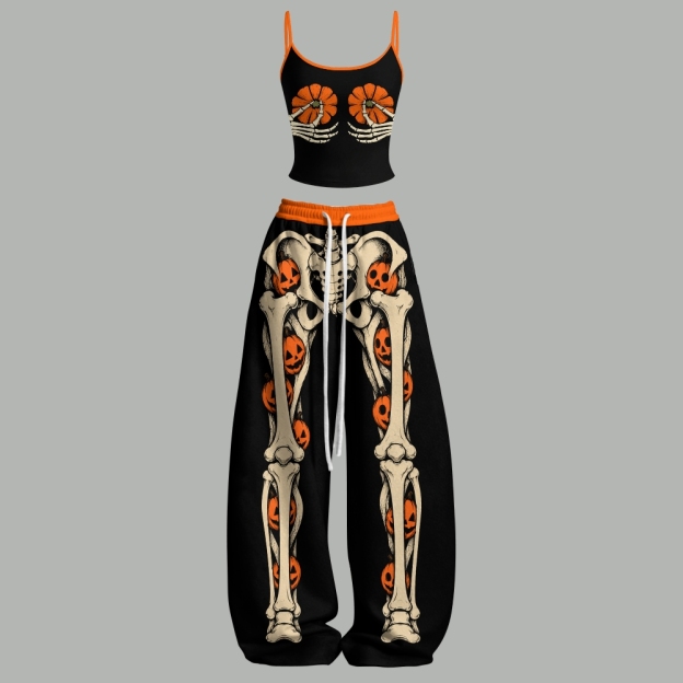 Halloween Skeleton Pumpkin Spooky Top & Elasticated Trousers Two-Piece Set