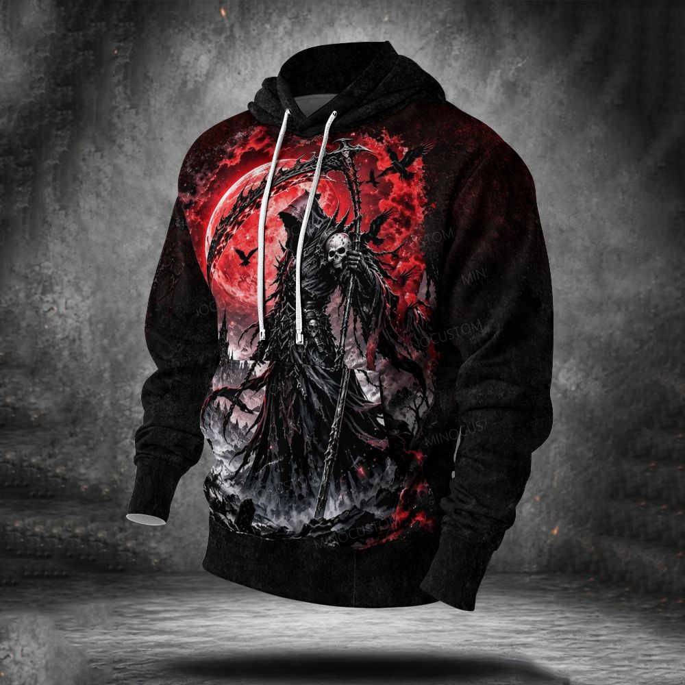 Men's Retro Dark Death  Printed Long Sleeve Fleece Hoodie