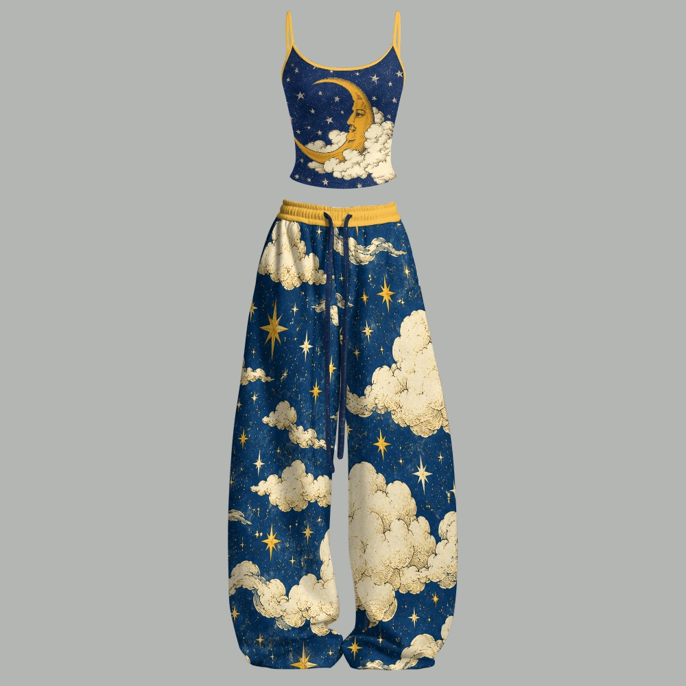 Vintage Celestial Moon Cloud Star Top & Elasticated Trousers Two-Piece Set