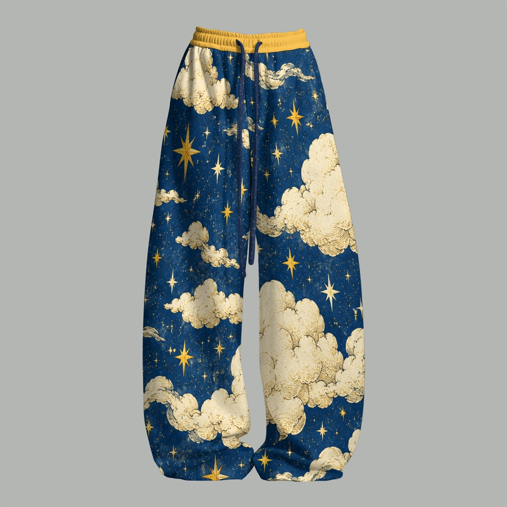 Vintage Celestial Moon Cloud Star Top & Elasticated Trousers Two-Piece Set