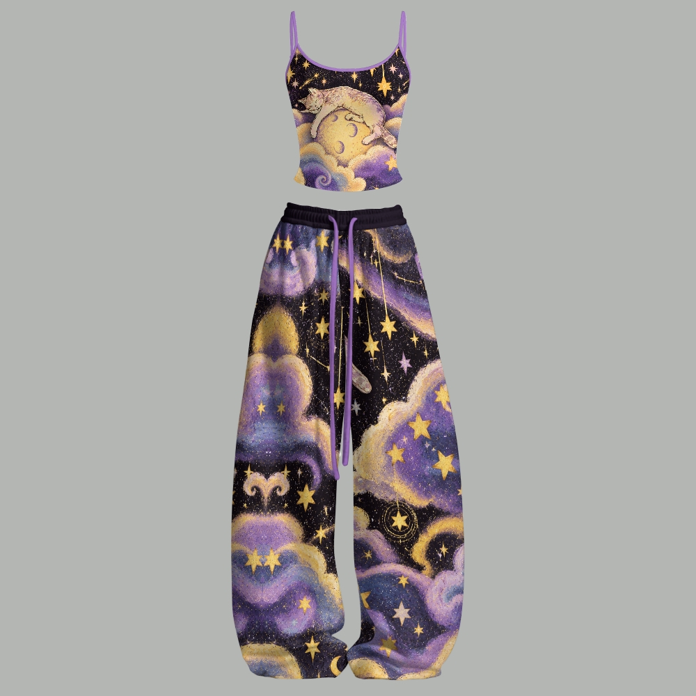 Mystic Dark Galaxy Starry Sky Cat Top & Elasticated Trousers Two-Piece Set