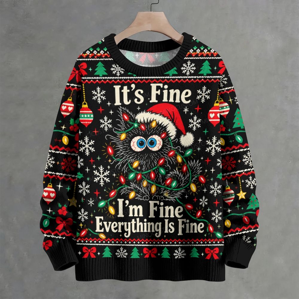 Funny Cat Tangled In Xmas Lights It's Fine Everything Is Fine Holiday Crew Neck Sweater