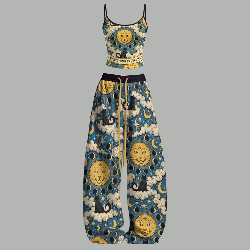 Vintage Celestial Black Cat Moon Phase Top & Elasticated Trousers Two-Piece Set