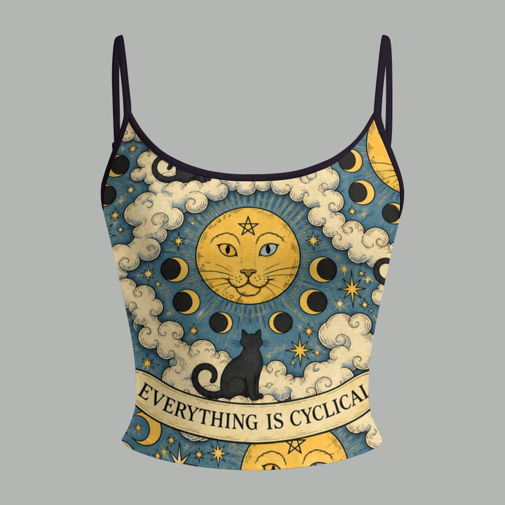 Vintage Celestial Black Cat Moon Phase Top & Elasticated Trousers Two-Piece Set