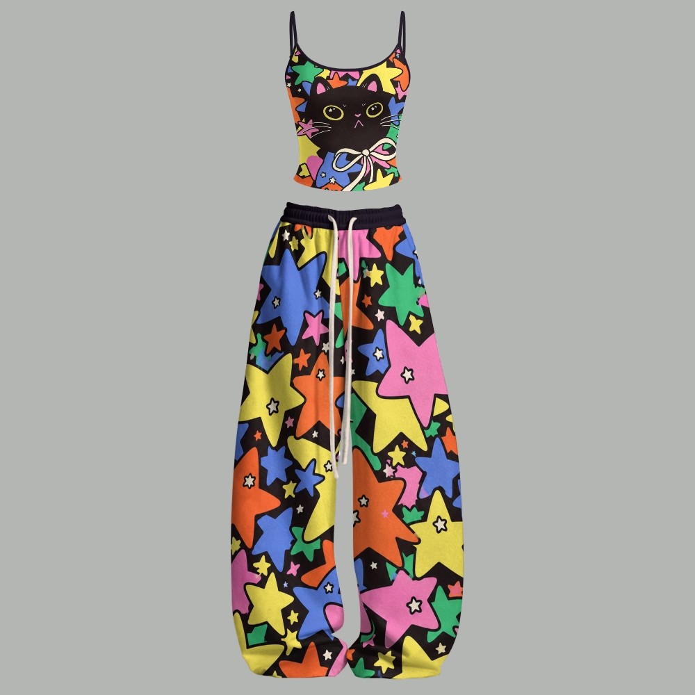 Colorful Y2K Star Black Cat Top & Elasticated Trousers Two-Piece Set