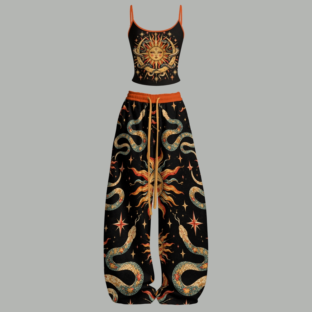 Retro Esoteric Snake Sun Star Graphic Top & Elasticated Trousers Two-Piece Set