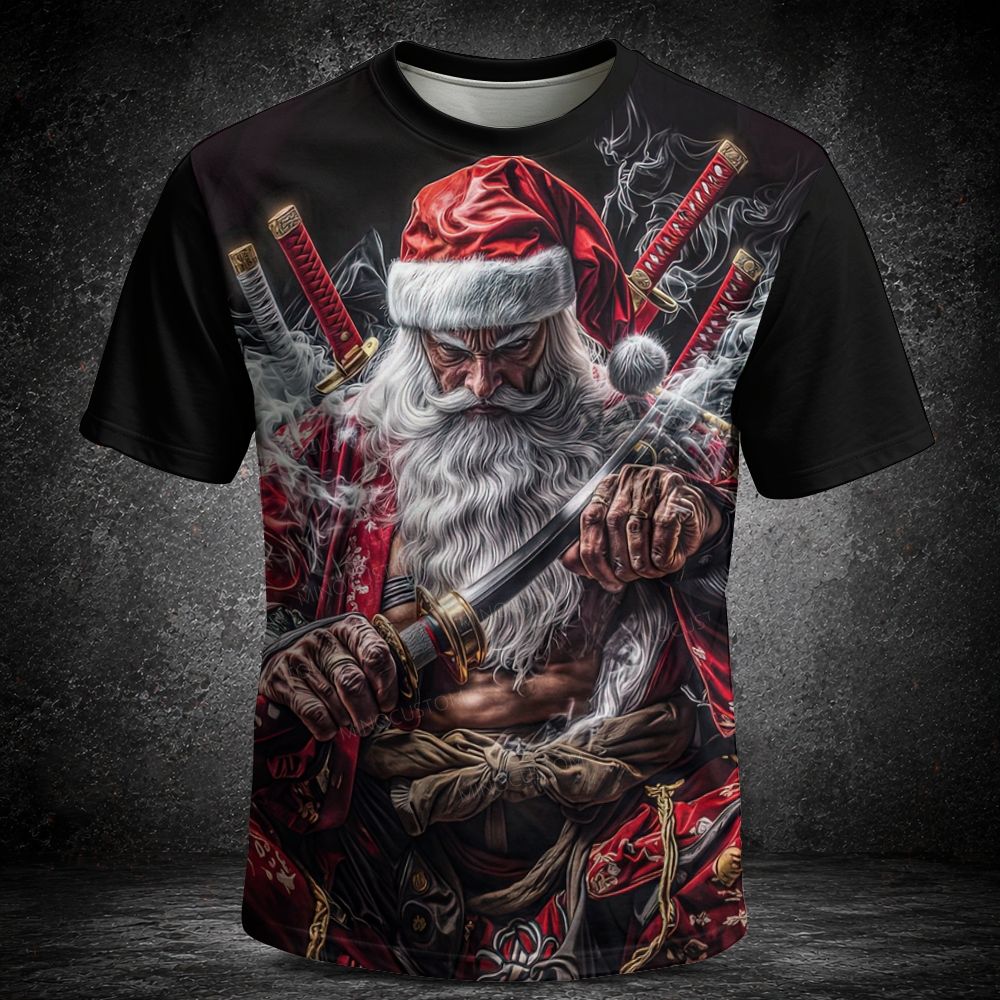 Men's  Vintage Samurai Santa Claus Warrior Katana Blade Christmas Japanese Short Sleeve T-shirt