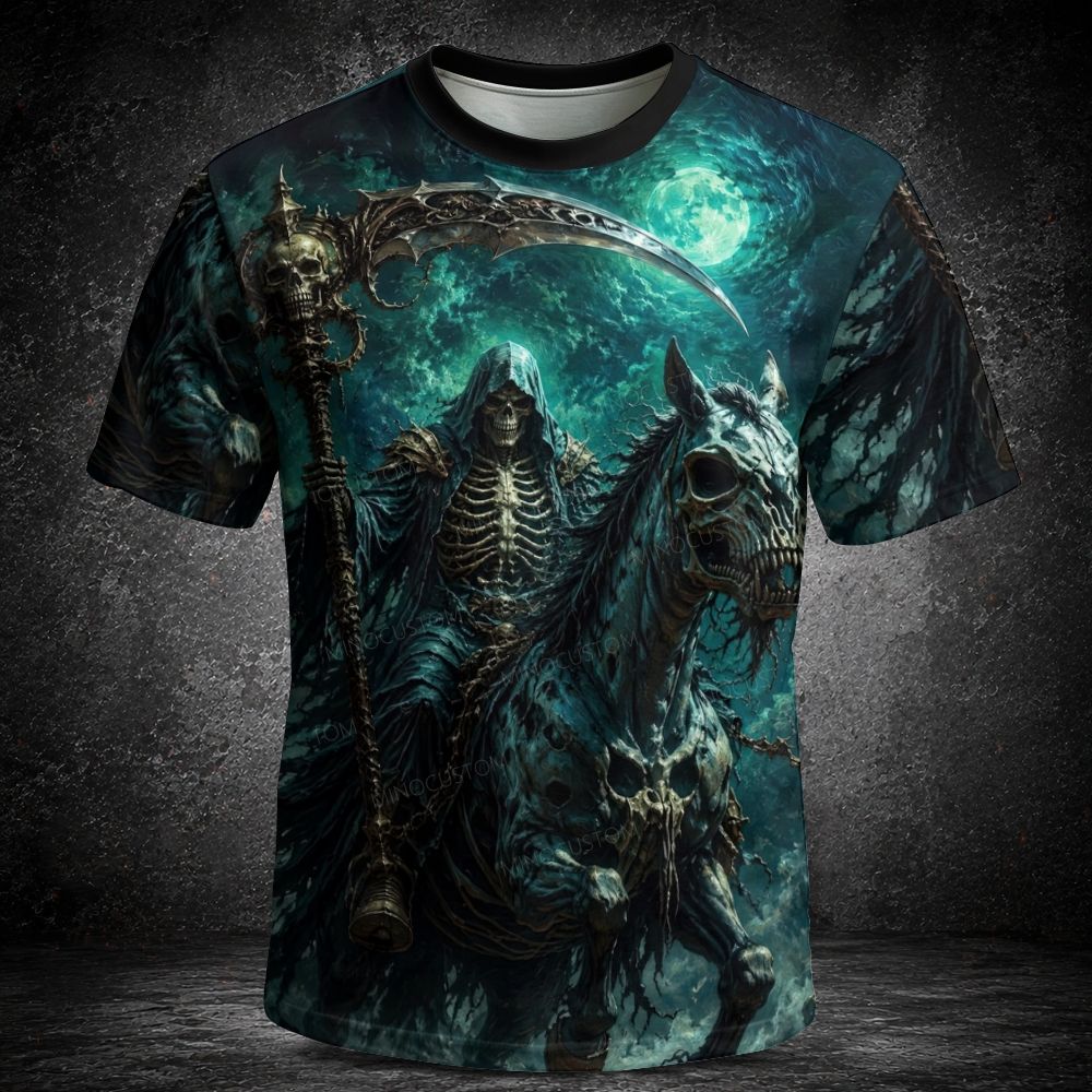 Men's  Vintage Grim Reaper on Pale Skeleton Horse Scythe Skull Short Sleeve T-shirt